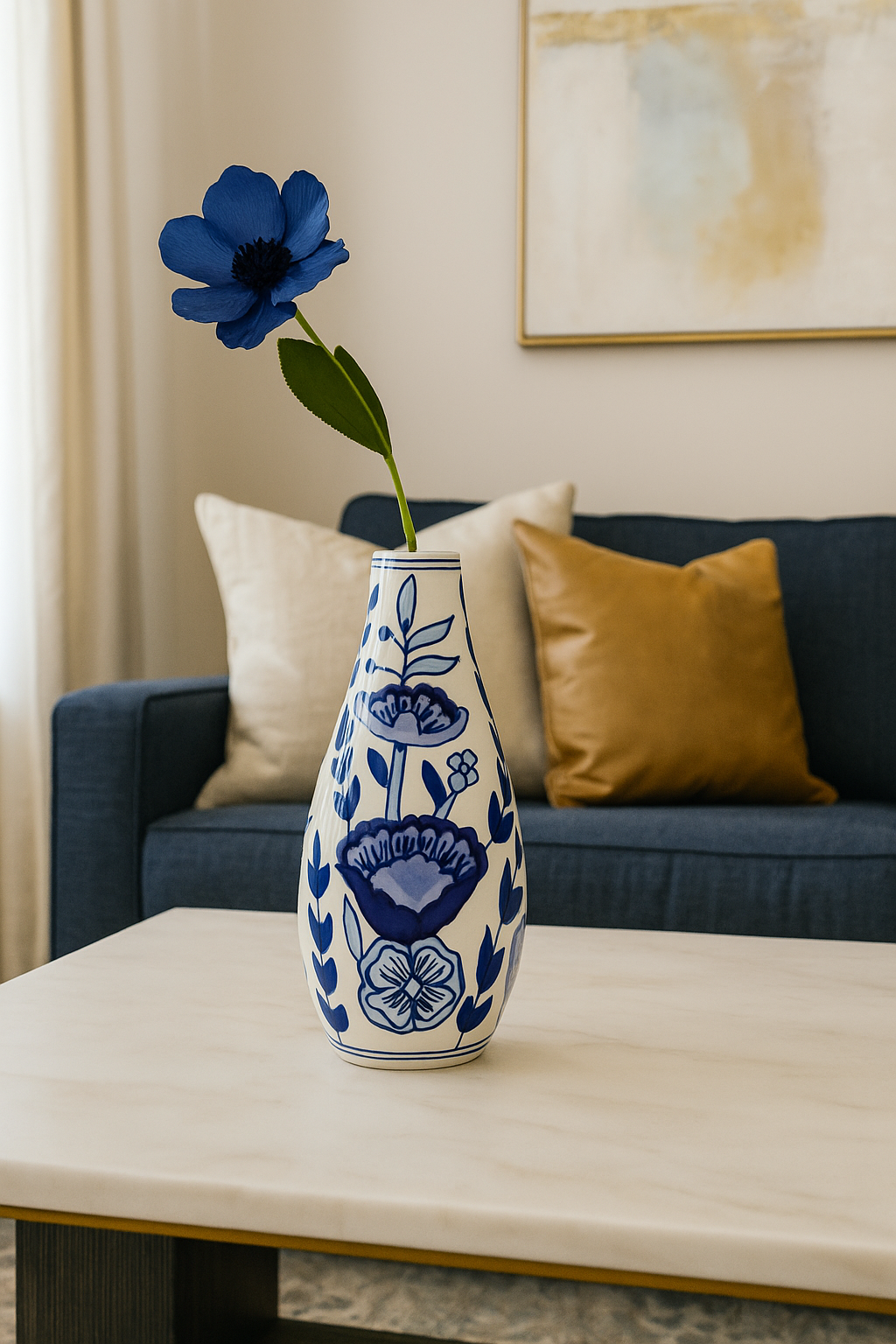 Ceramic Slim Vase White/Blue