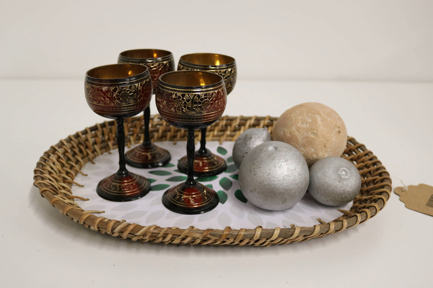 Home&Manor 13" Rattan Oval Tray with Mosaic Wooden Base