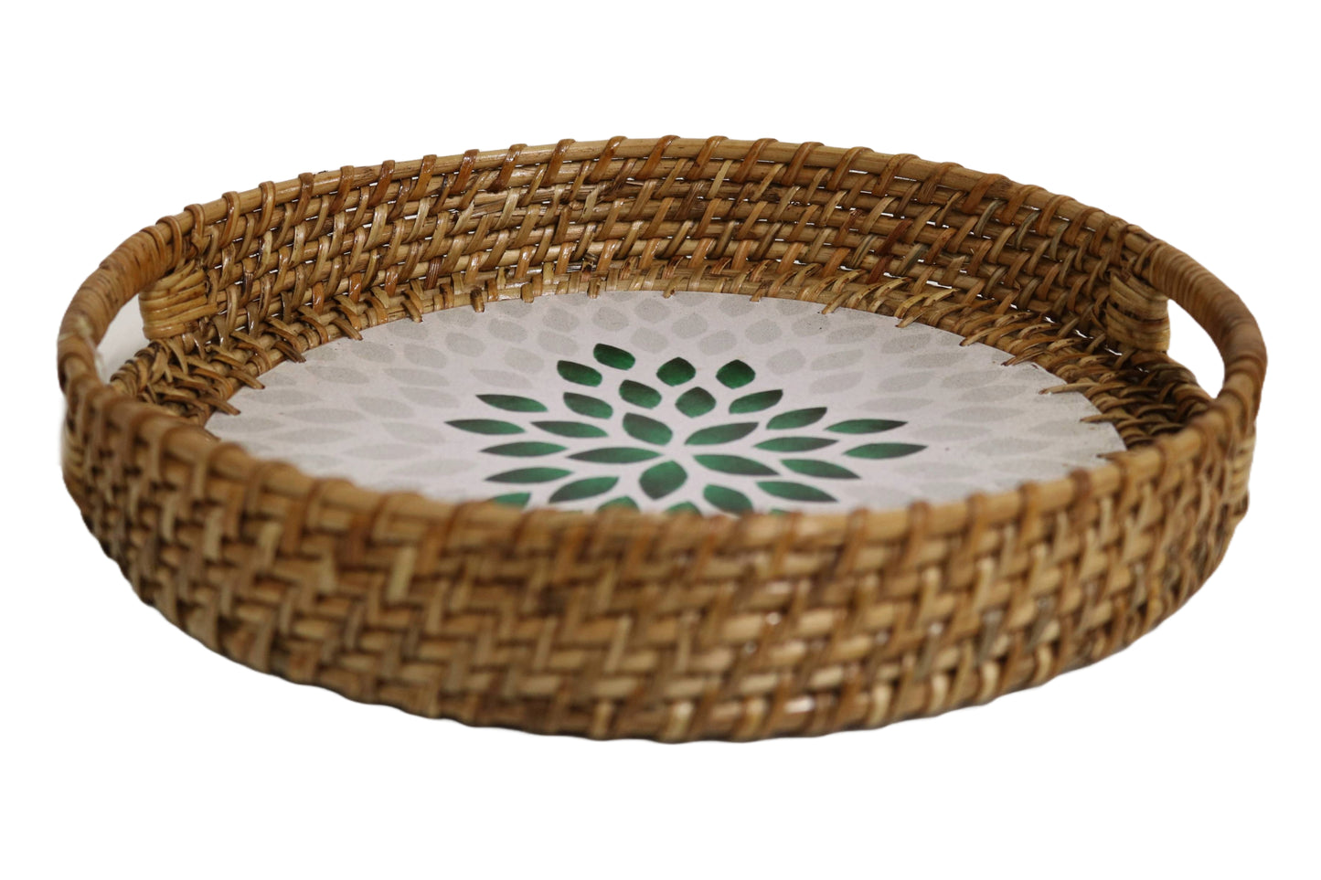 Home&Manor 11.8" Rattan Round Tray with Mosaic Wooden Base and Handles