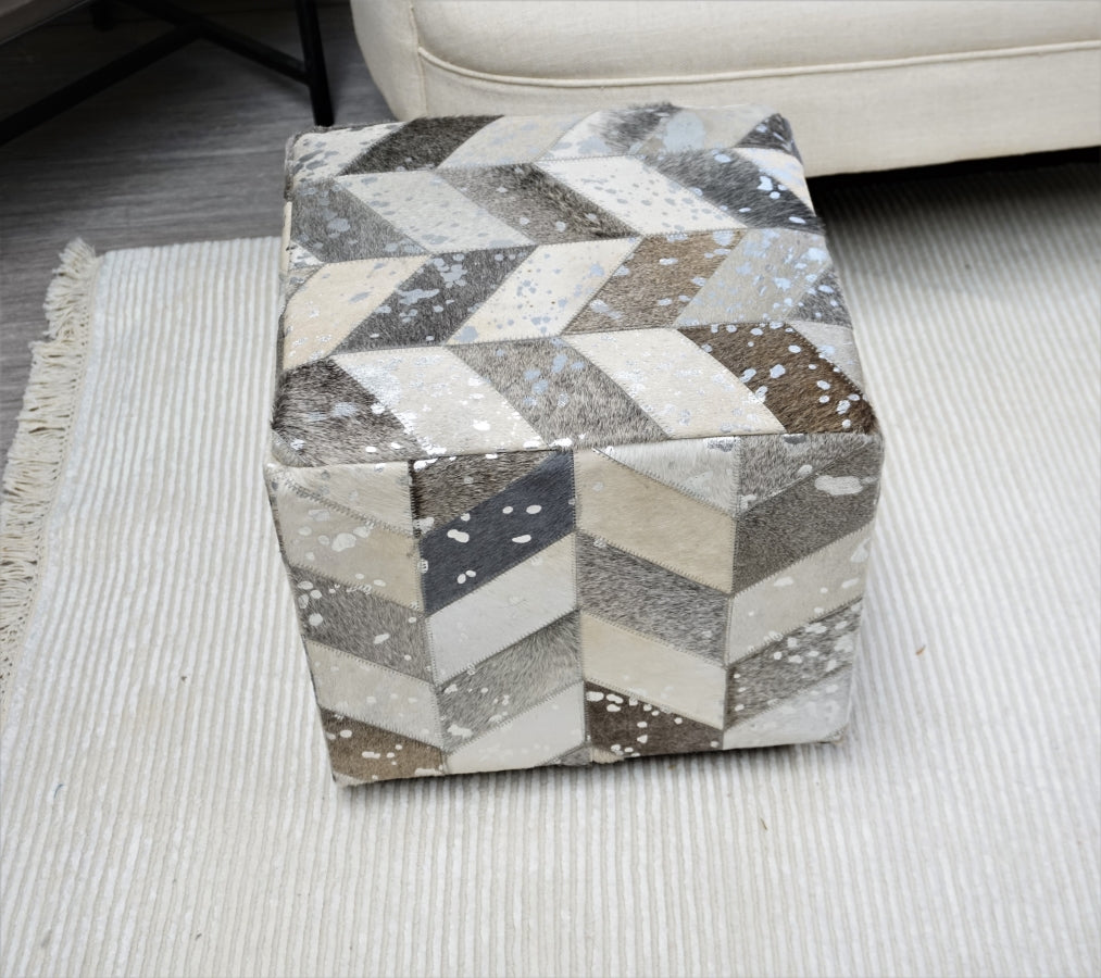 Leather Silver Square Cube Ottoman