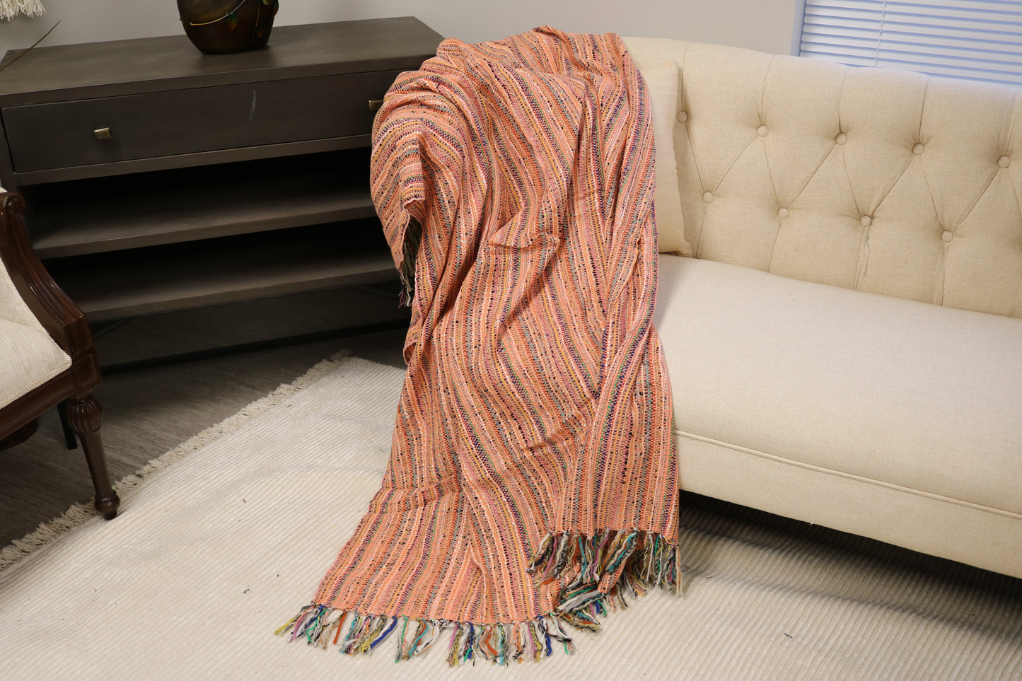 Handcrafted Wool & Cotton Throw Blanket Sunburst Peach
