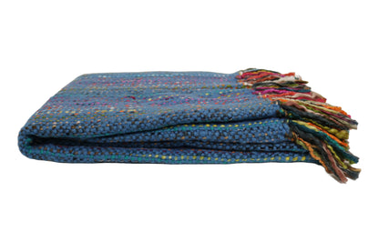 Handcrafted Wool & Cotton Throw Blanket Bright Blue