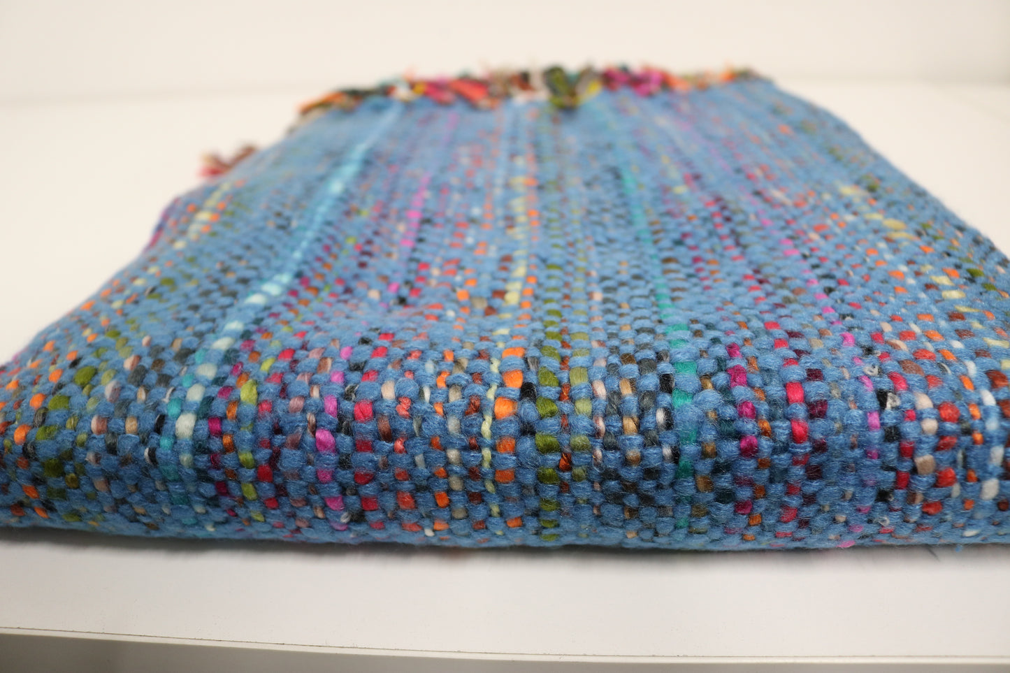 Handcrafted Wool & Cotton Throw Blanket Bright Blue