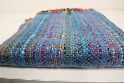 Handcrafted Wool & Cotton Throw Blanket Bright Blue