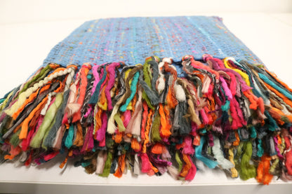 Handcrafted Wool & Cotton Throw Blanket Bright Blue
