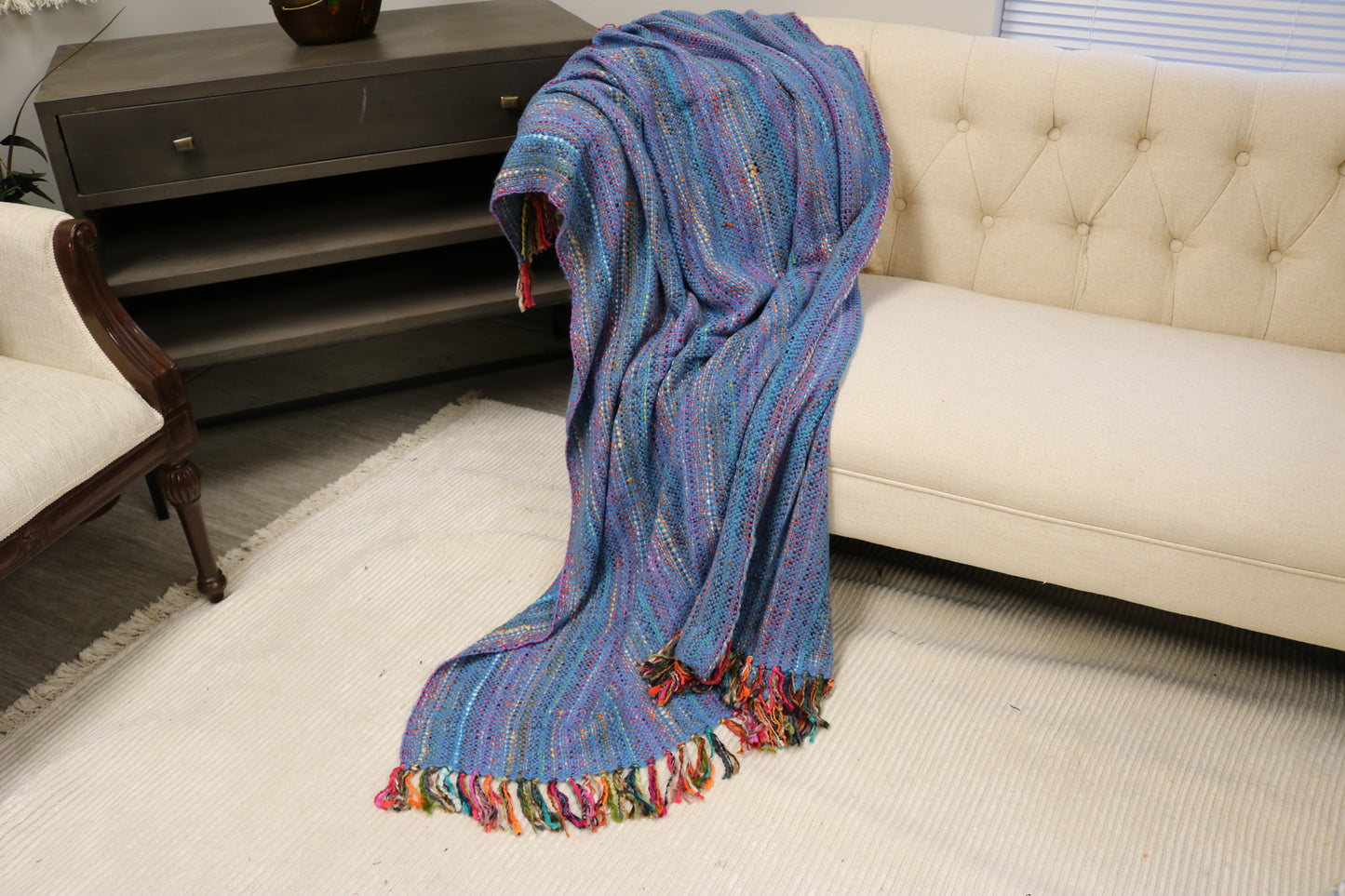 Handcrafted Wool & Cotton Throw Blanket Bright Blue