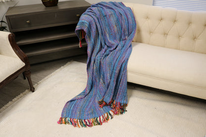 Handcrafted Wool & Cotton Throw Blanket Bright Blue