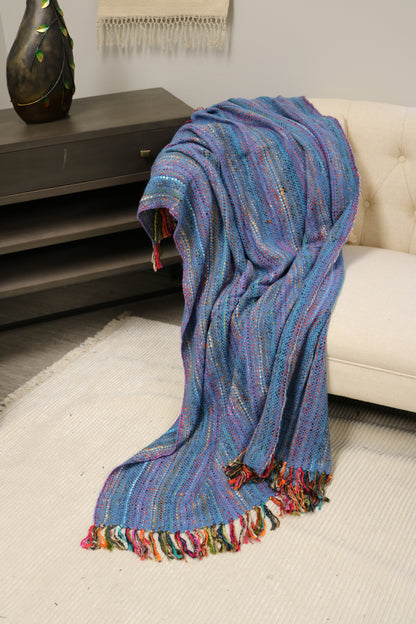 Handcrafted Wool & Cotton Throw Blanket Bright Blue