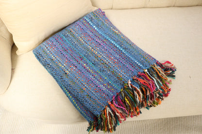 Handcrafted Wool & Cotton Throw Blanket Bright Blue