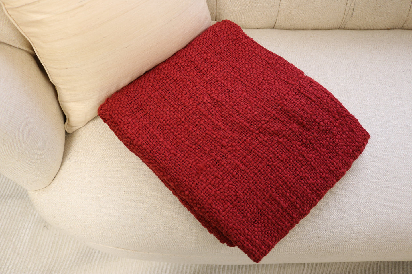 Handcrafted Wool & Cotton Throw Blanket Solid Red