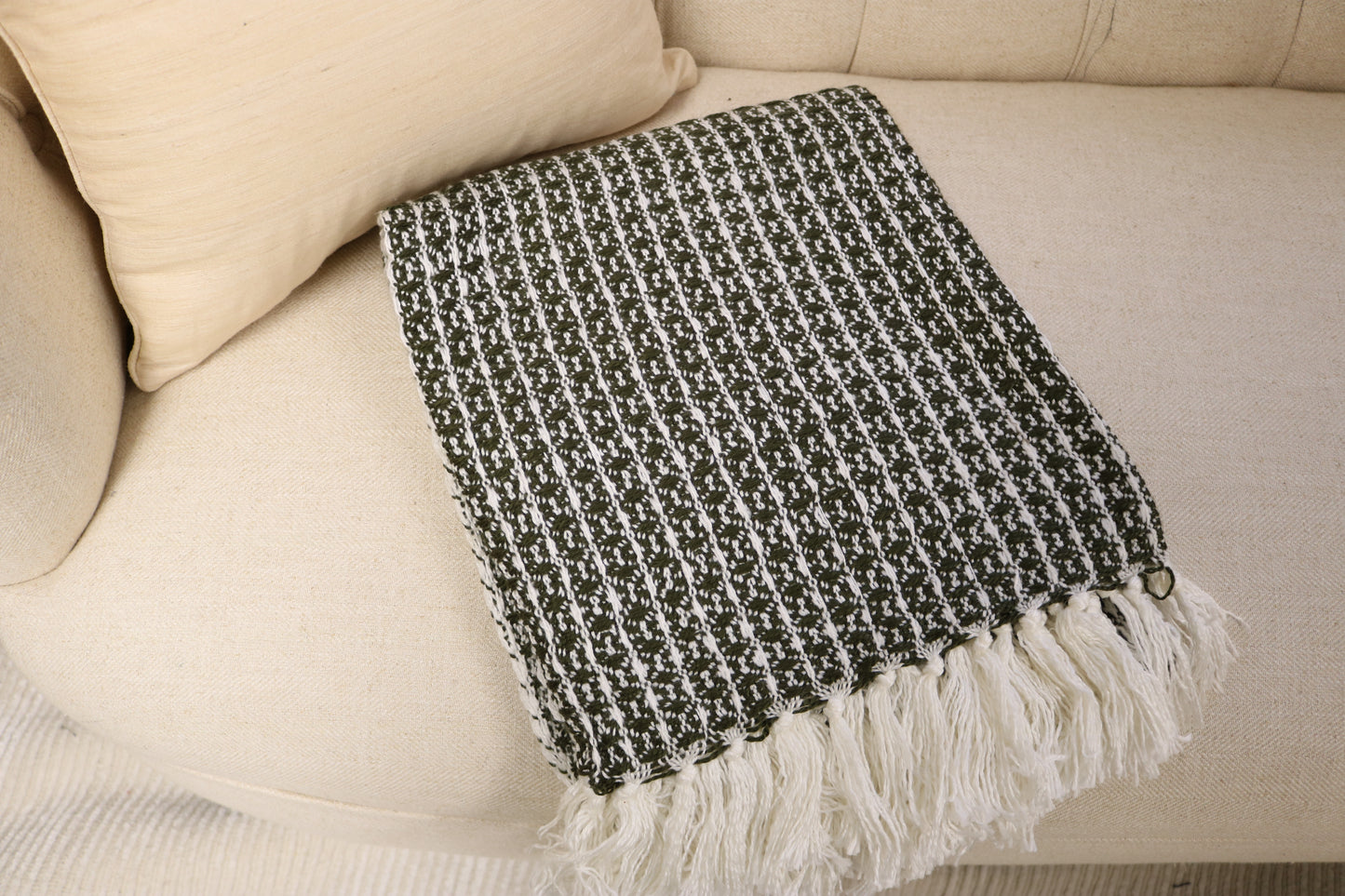 Handcrafted Wool & Cotton Throw Blanket Green