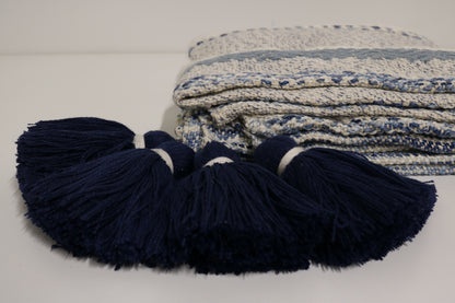 Handcrafted Wool & Cotton Throw Blanket Blue Drift