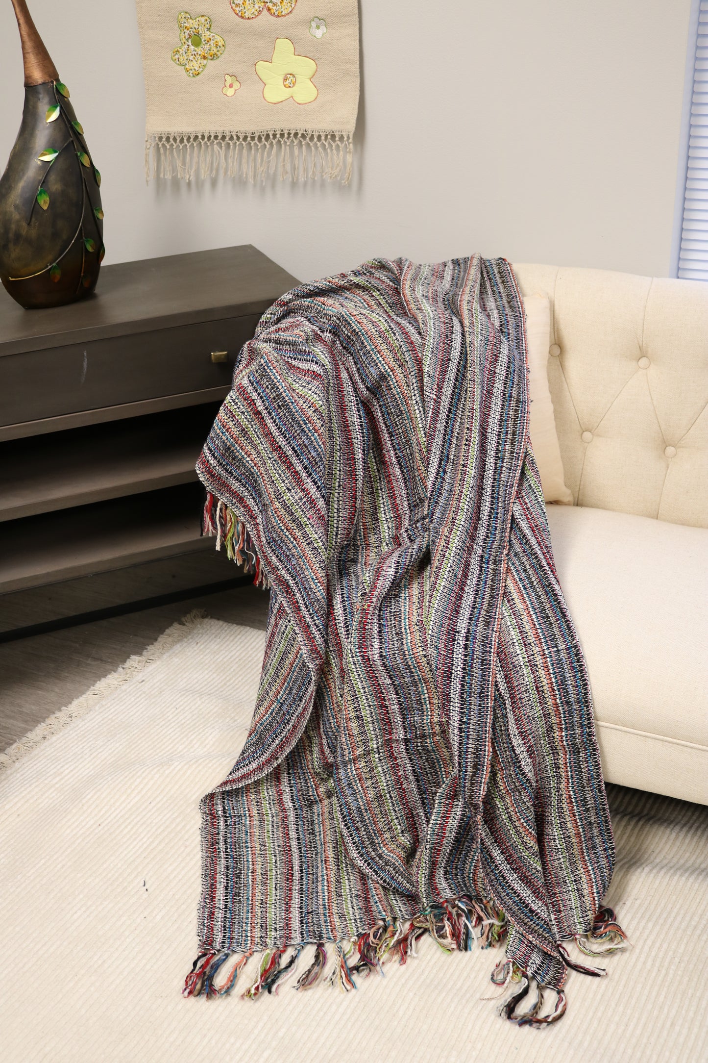Handcrafted Wool & Cotton Throw Blanket Color Storm