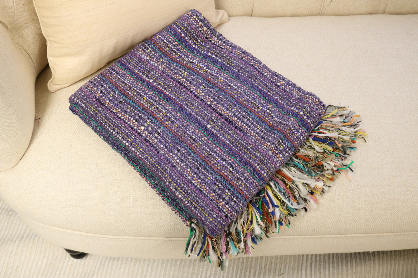 Handcrafted Wool & Cotton Throw Blanket Light Purple