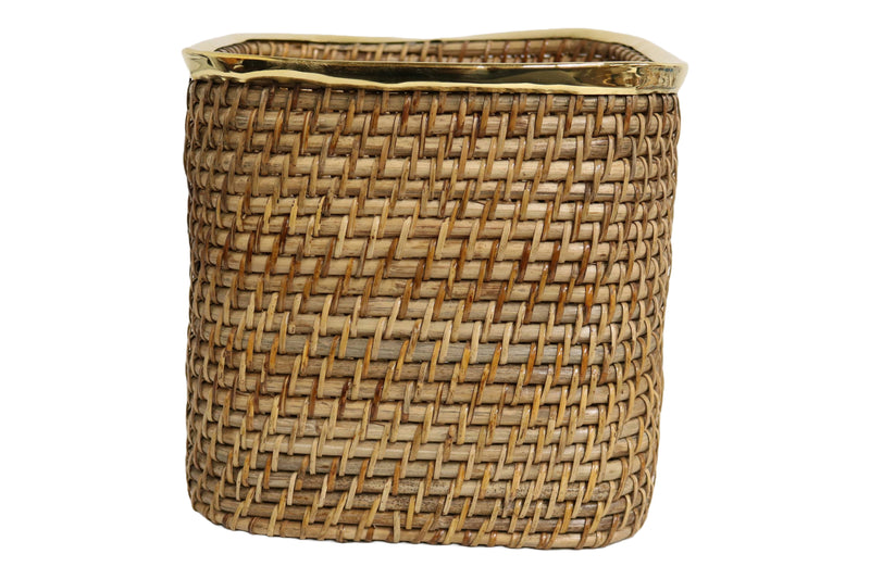 Home&Manor Medium Tall Wicker Basket with Shiny Brass Rim