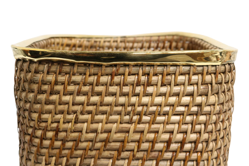 Home&Manor Medium Tall Wicker Basket with Shiny Brass Rim