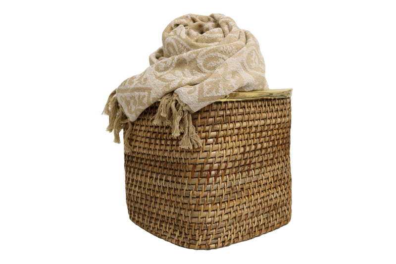 Home&Manor Medium Tall Wicker Basket with Shiny Brass Rim