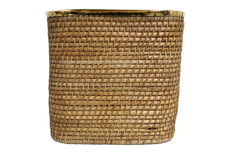 Home&Manor XL Tall Wicker Basket with Shiny Brass Rim