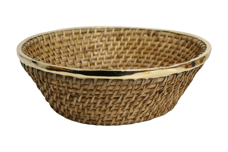 Home&Manor 12" Hacter Round Fruit Wicker Basket with Shiny Brass Rim