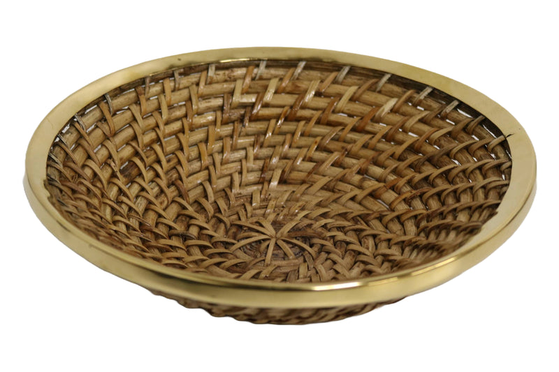 Home&Manor 8" Medium Wicker Round Fruit Basket with Shiny Brass Rim