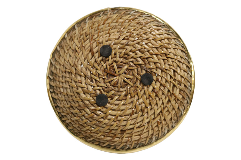 Home&Manor 8" Medium Wicker Round Fruit Basket with Shiny Brass Rim