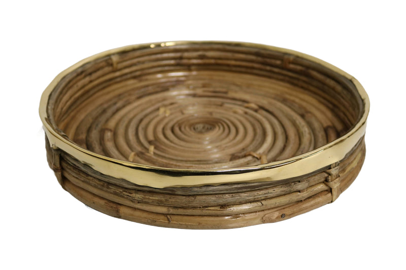 Home&Manor 12" Cane Round Tray with Brass Rim