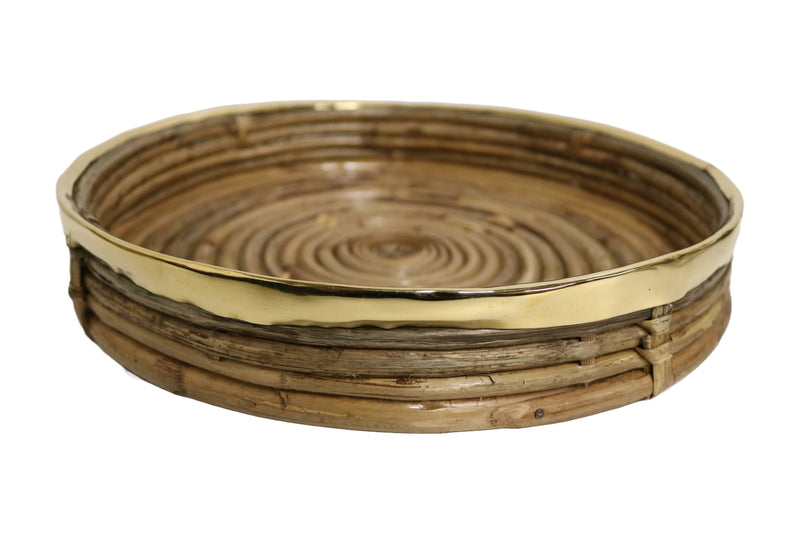 Home&Manor 12" Cane Round Tray with Brass Rim