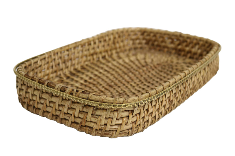 Home&Manor 12" Small Rectangular Brass Bordered Rattan Tray