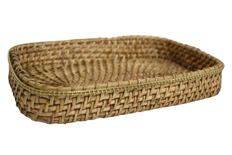 Home&Manor 12" Small Rectangular Brass Bordered Rattan Tray