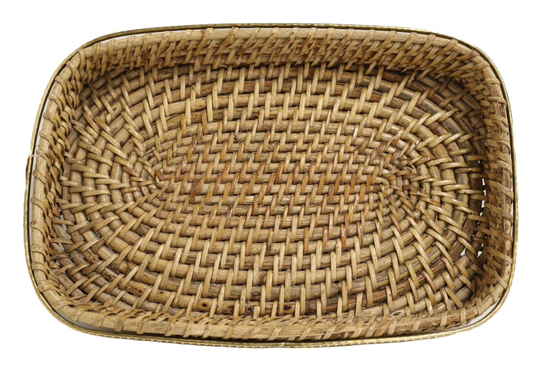 Home&Manor 12" Small Rectangular Brass Bordered Rattan Tray