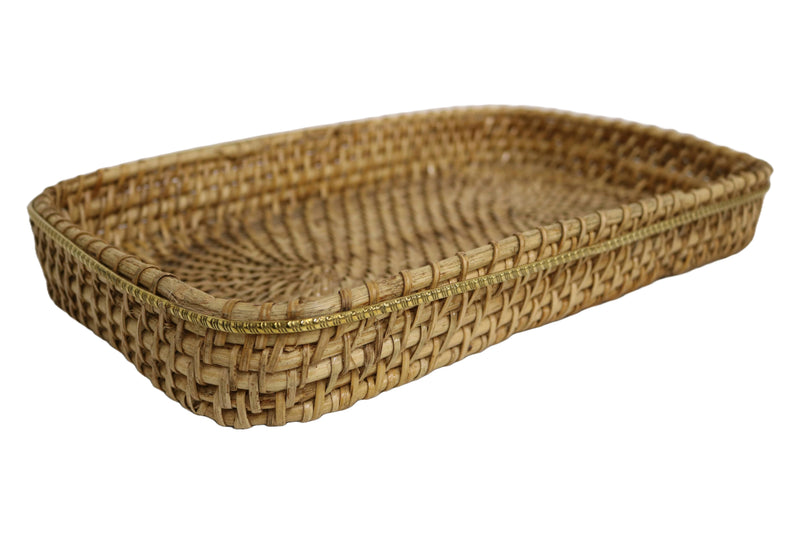 Home&Manor 15" Large Rectangular Brass Bordered Rattan Tray