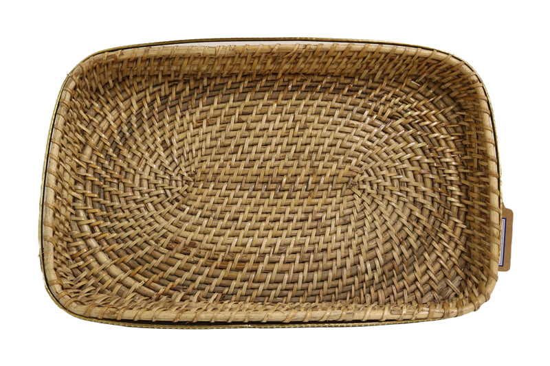 Home&Manor 15" Large Rectangular Brass Bordered Rattan Tray