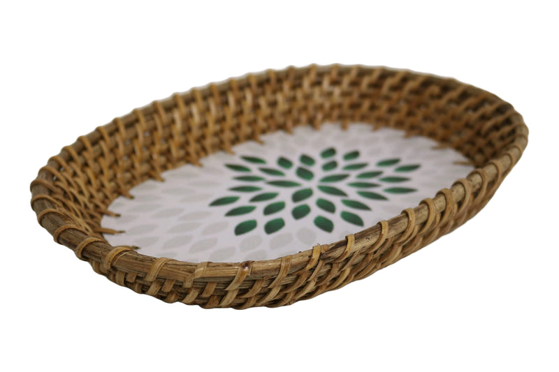 Home&Manor 10" Rattan Oval Tray with Mosaic Wooden Base