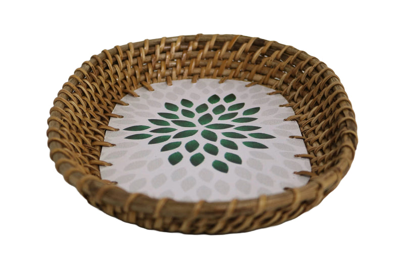 Home&Manor 10" Rattan Oval Tray with Mosaic Wooden Base