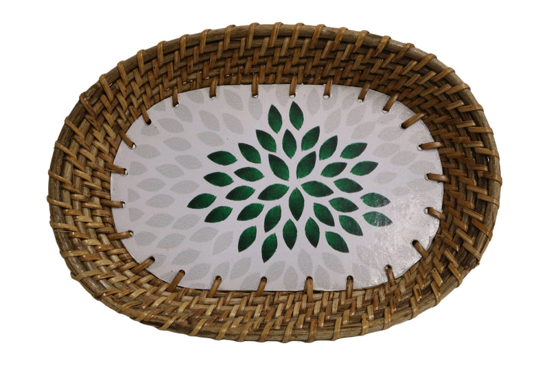 Home&Manor 10" Rattan Oval Tray with Mosaic Wooden Base