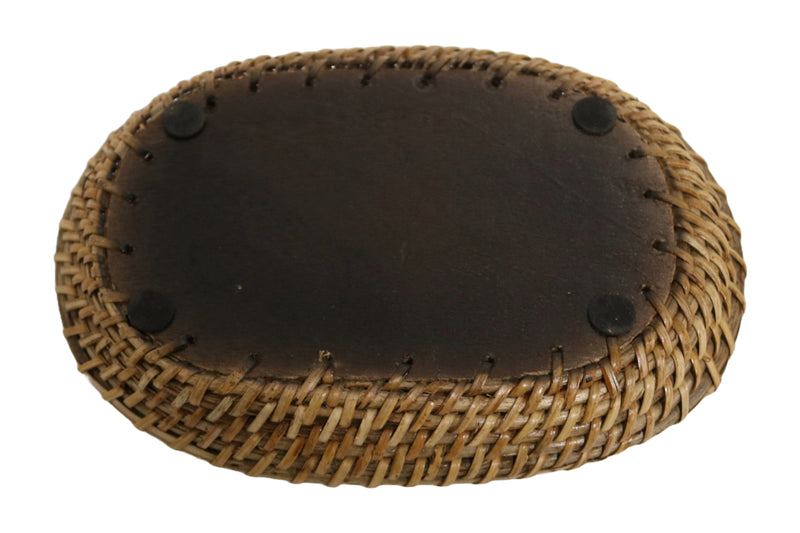 Home&Manor 10" Rattan Oval Tray with Mosaic Wooden Base