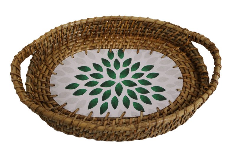 Home&Manor 11" Rattan Oval Tray with Mosaic Wooden Base and Handles