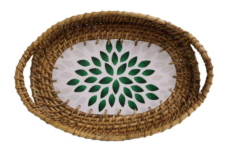 Home&Manor 11" Rattan Oval Tray with Mosaic Wooden Base and Handles