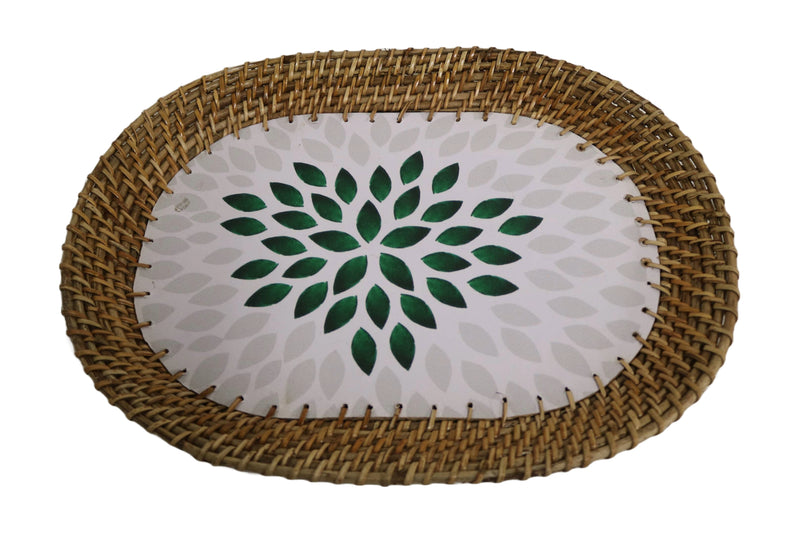 Home&Manor 16" Rattan Oval Tray with Mosaic Wooden Base