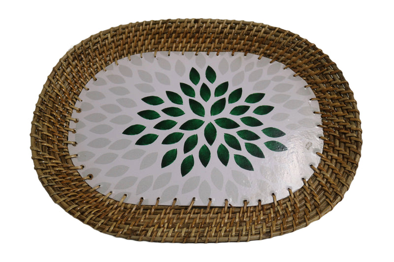 Home&Manor 16" Rattan Oval Tray with Mosaic Wooden Base