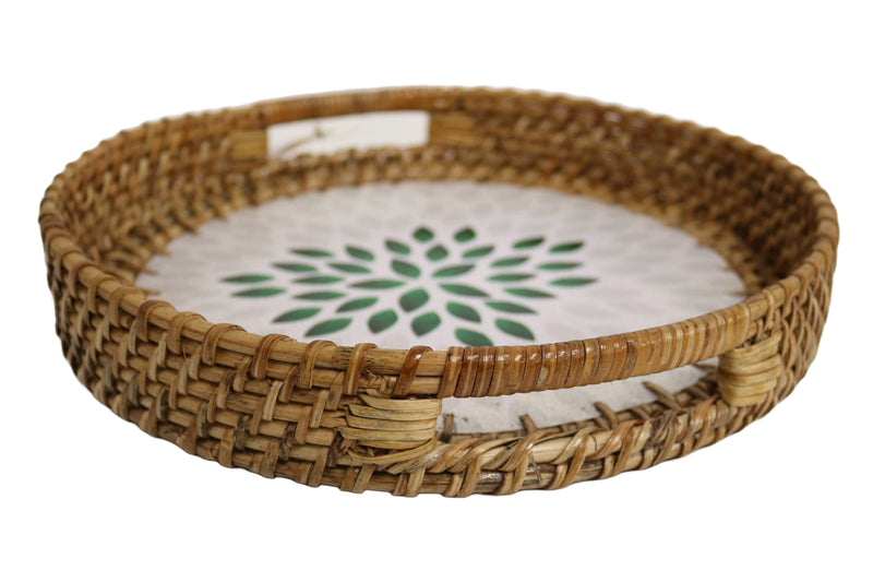 Home&Manor 11.8" Rattan Round Tray with Mosaic Wooden Base and Handles