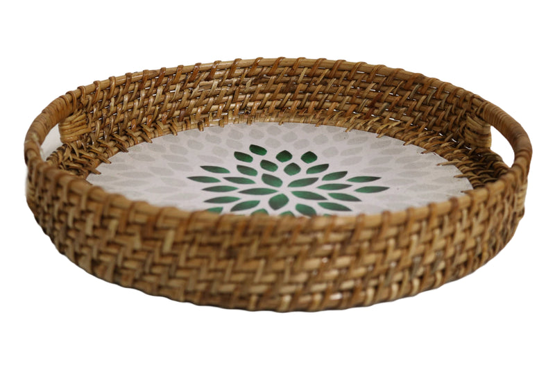 Home&Manor 11.8" Rattan Round Tray with Mosaic Wooden Base and Handles