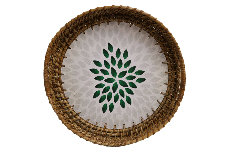 Home&Manor 11.8" Rattan Round Tray with Mosaic Wooden Base and Handles