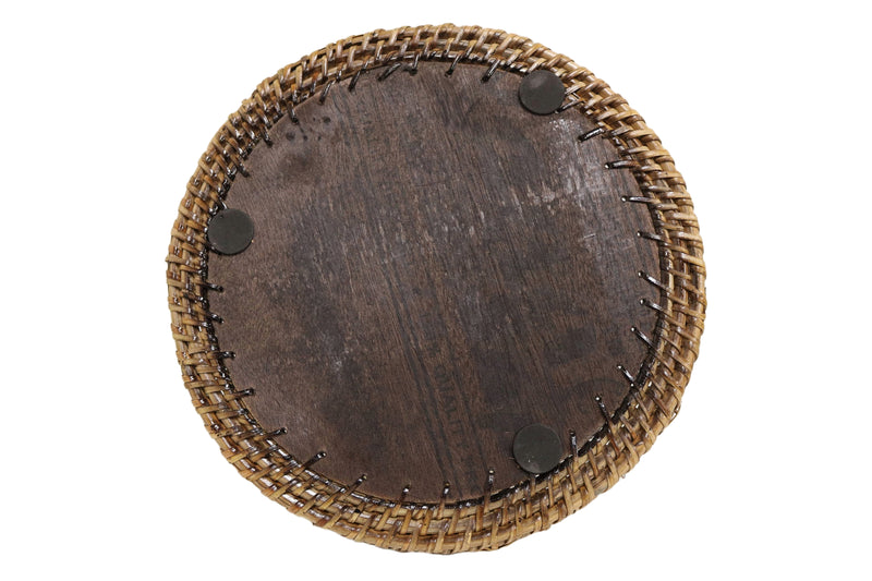 Home&Manor 11.8" Rattan Round Tray with Mosaic Wooden Base and Handles