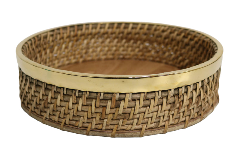 Home&Manor 11" Rattan Oval Brass Rim Tray with Wooden Base