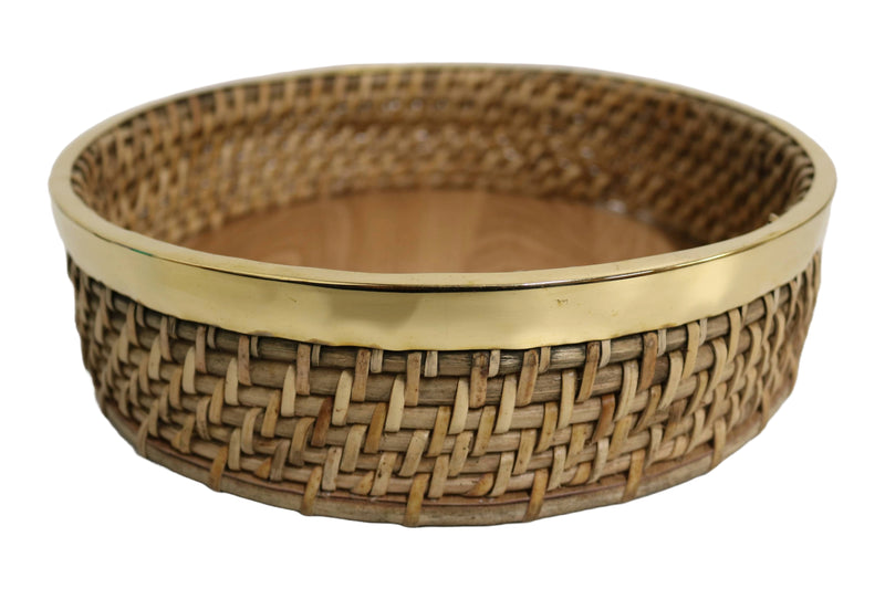 Home&Manor 11" Rattan Oval Brass Rim Tray with Wooden Base