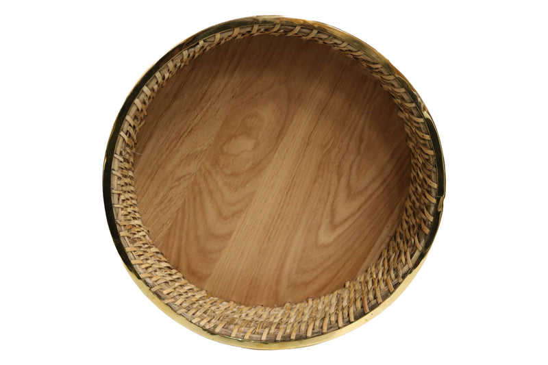 Home&Manor 11" Rattan Oval Brass Rim Tray with Wooden Base