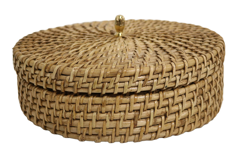 Home&Manor 10" Rattan Brass Knob Box