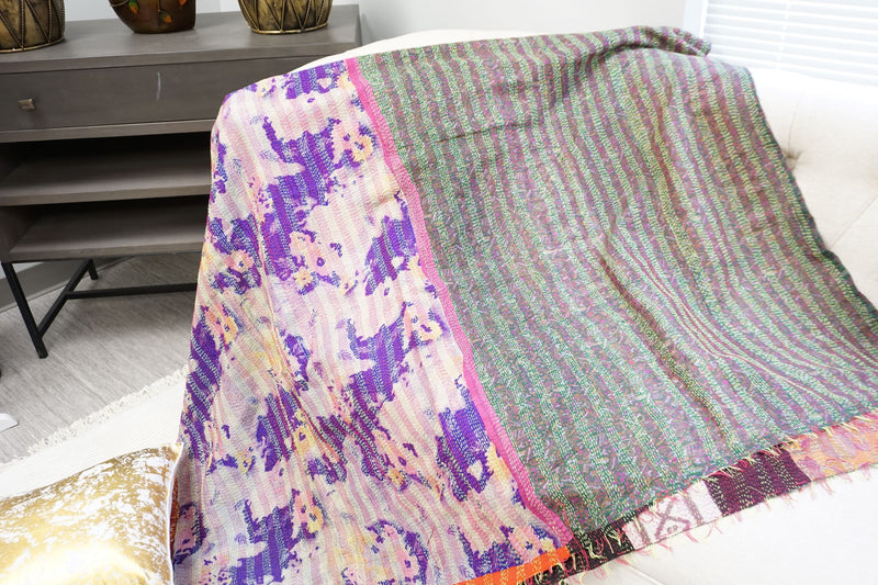 Vibrant Vintage Indian Kantha Sari Work Organic 100% Silk Throw Reversible
